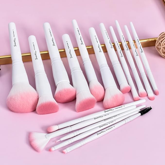Bueart Design 16Pcs ULTRA SOFT labeled Makeup Brushes set with brush Holder face brush for Foundation Powder Blending Blush wooden Handle(16Pcs White+Pink Holder)-BrightBean Baby