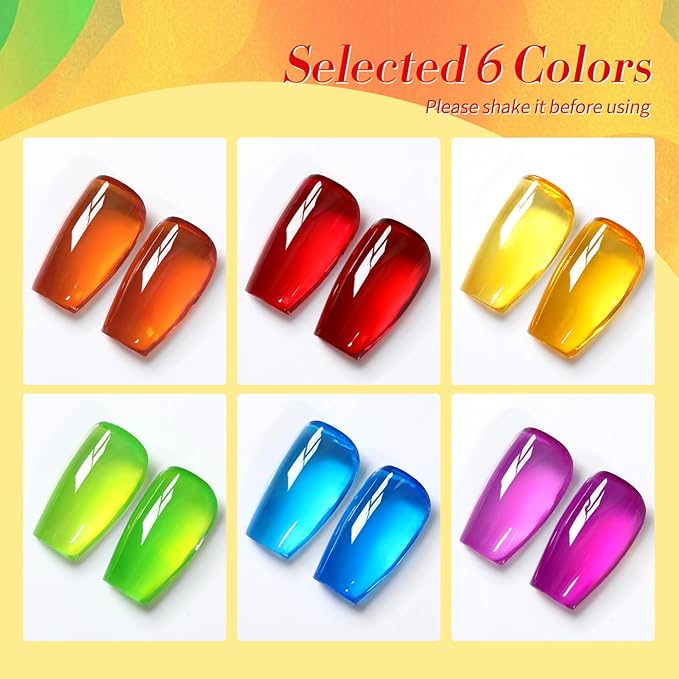 Born Pretty Neon Jelly Gel Nail Polish Glass Crystal Transparent Halloween Collection Soak Off Gel Nail Kit Minicure DIY Gifts 6PCS-BrightBean Baby