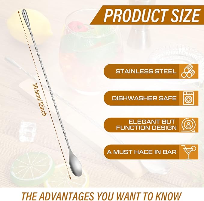 Lallisa 18 Pcs 12 Inches Bar Spoons Stainless Steel Mixing Spoons Spiral Pattern Long Drink Stirrer for Cocktail Shaker, Silver