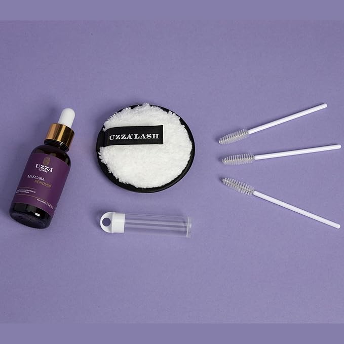 UZZA Lash Eye Makeup Remover - Waterproof Mascara Remover for Sensitive Eyes - Natural Make up Remover - Hygienic Kit Includes Eyelash Brush, Reusable Pads, Cleanser Liquid 1oz-BrightBean Baby