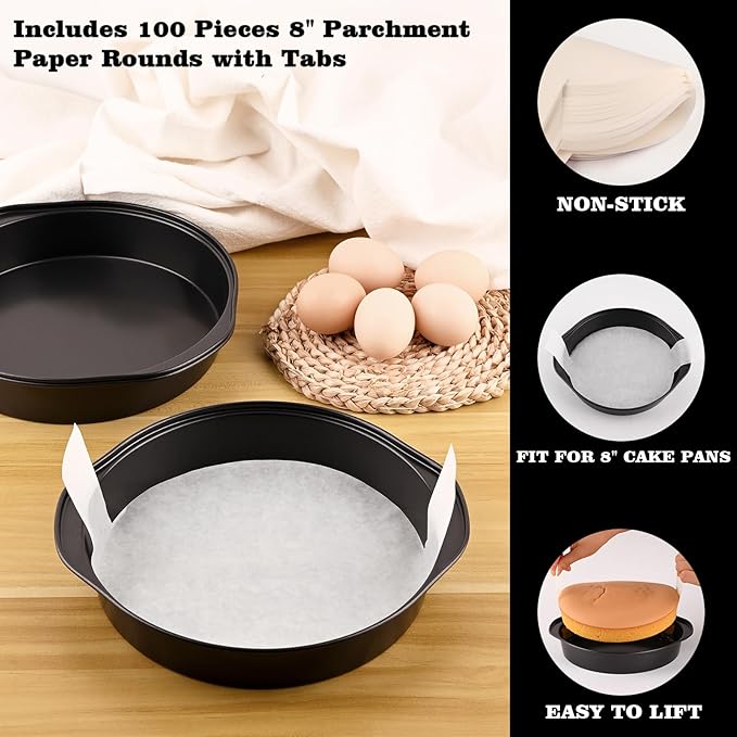 HUAKENER 8 Inch Cake Pan - Set of 3 Round Cake Pans with 100 Pieces Parchment Paper, Non-stick Cake Baking Pans with Handle, Dishwasher Safe