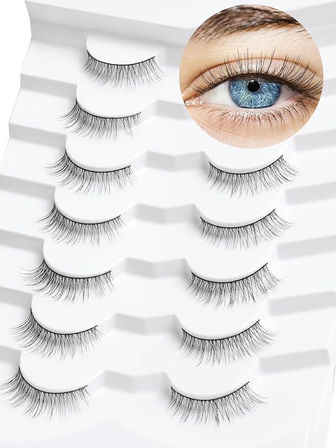 Natural Wispy Cat Eye Lashes - 3D Volume C Curl Eyelashes With Thin Band - 10mm Short Lashes - 7 Pairs-BrightBean Baby