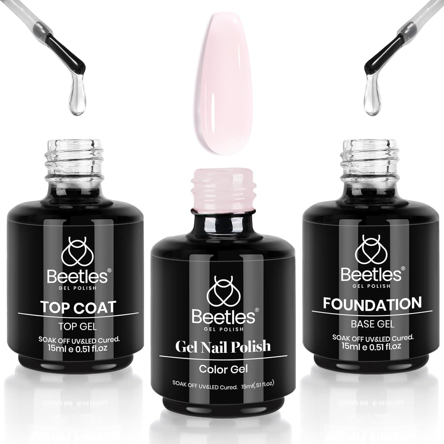 beetles Gel Polish 3 Pcs 15ml No Wipe Gel Top and Base Coat Bubble Bath Gel Polish Soak Off Uv Lamp-Long Lasting Glossy Top Base Gel Milky Pink Gel Nail Polish Jelly Gel Polish Set for Women-BrightBean Baby