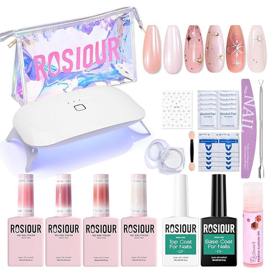 Jelly Gel Nail Polish Kit with U V Light, Hema-Free Milky Nude Sheer White Pink Gliter Gel Polish Set with Base & Top Coat Chrome Nail Powder, 4 Colors Mini Salon Nail Art Starter Gift for Women Girl-BrightBean Baby