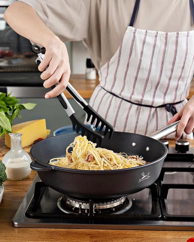 Silicone Spaghetti Spoon & Pasta Tong, Non-Stick Stainless Steel Handle Pasta Fork Set with Teeth, Food Clip for Easy Serving of Noodles (Black)