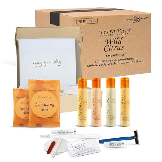 Terra Pure Amenity & Accessory Kit |1 oz Travel Size Shampoo, Conditioner, Lotion, Body Wash, 2 Cleansing Bars, Shave & Dental Sets, Make-Up Remover Wipes, & Vanity Kit | 15 sets per case-BrightBean Baby