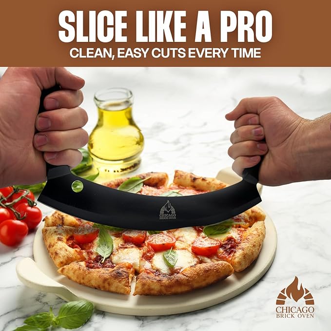 Chicago Brick Oven 12-Inch Pizza Cutter Rocker Blade – Stainless Steel Mezzaluna Knife with Titanium Coating – Large Professional Pizza Cutter with Protective Cover – Dishwasher Safe