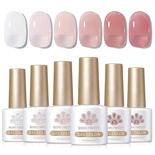 Born Pretty Milky White Jelly Nude Pink Gel Nail Polish Translucent Natural Sheer Pink Soak Off U v Light Cure Gel Polish Kit for Salon and Nail Art DIY at Home 6Colors-BrightBean Baby