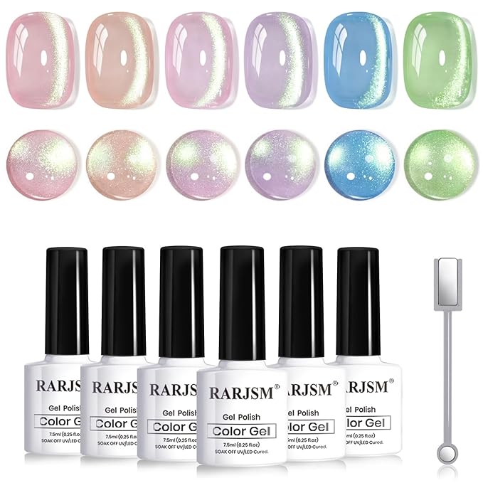 RARJSM Green Cat Eye Gel Nail Polish Set 6pcs Reflective Sparkly Diamond Glitter Nude Pink Blue Purple Clear Glass Cateye Gelpolish with Magnet Stick 7.5ml Curing Requires Soak Off for Home Salon-BrightBean Baby