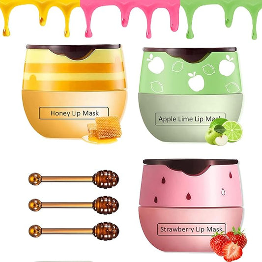 Bee Lip Balm Honey Pot,3 PCS Strawberry&Honey&Apple Lime Lip Sleeping Mask,Hydrating Prevention Dry and Cracked Lip Scrubs Exfoliator Lip Care,Moisturizing Lip Mask Overnight Reduces Lip Lines-BrightBean Baby
