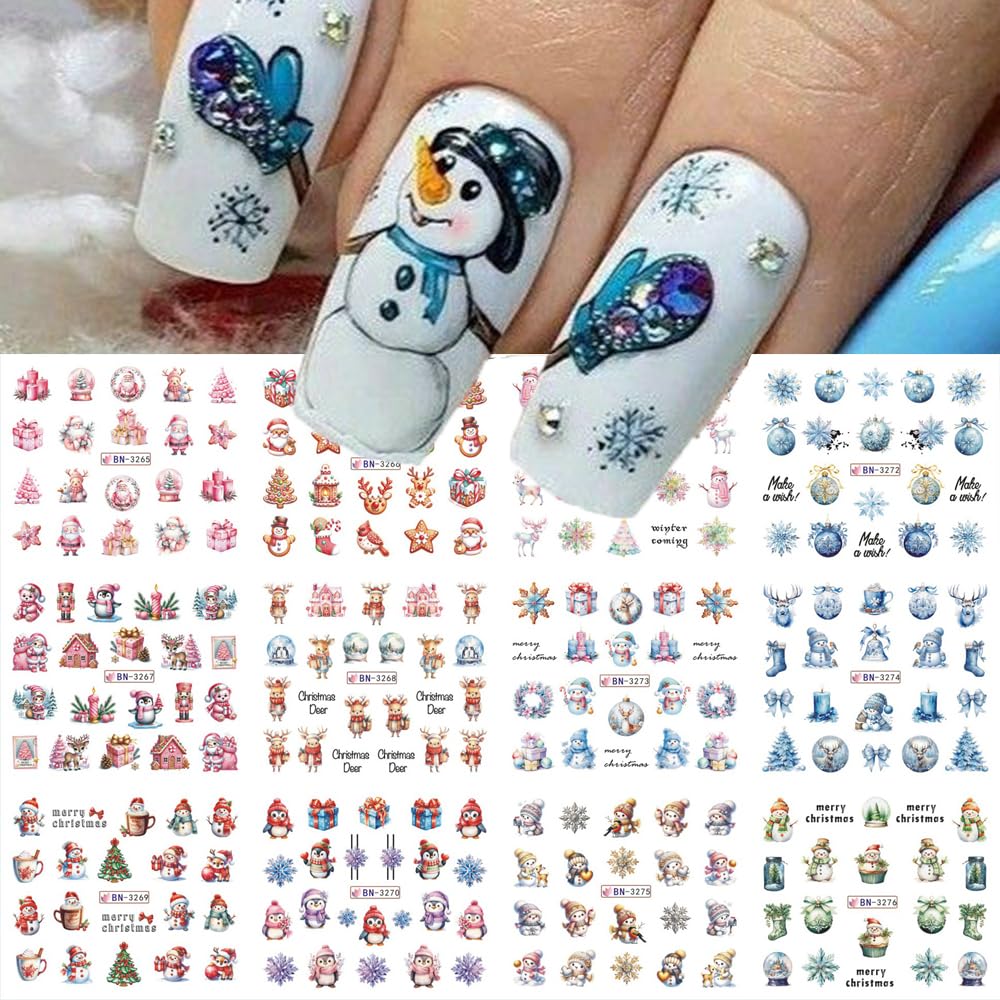 Christmas Nail Art Stickers Decals Winter Snowflake Snowman Acrylic Nail Decals Santa Claus Holographic Water Transfer Nail Foils Cute Gingerbread Man Xmas Tree Elk Penguin Sticker for Women DIY Nails-BrightBean Baby