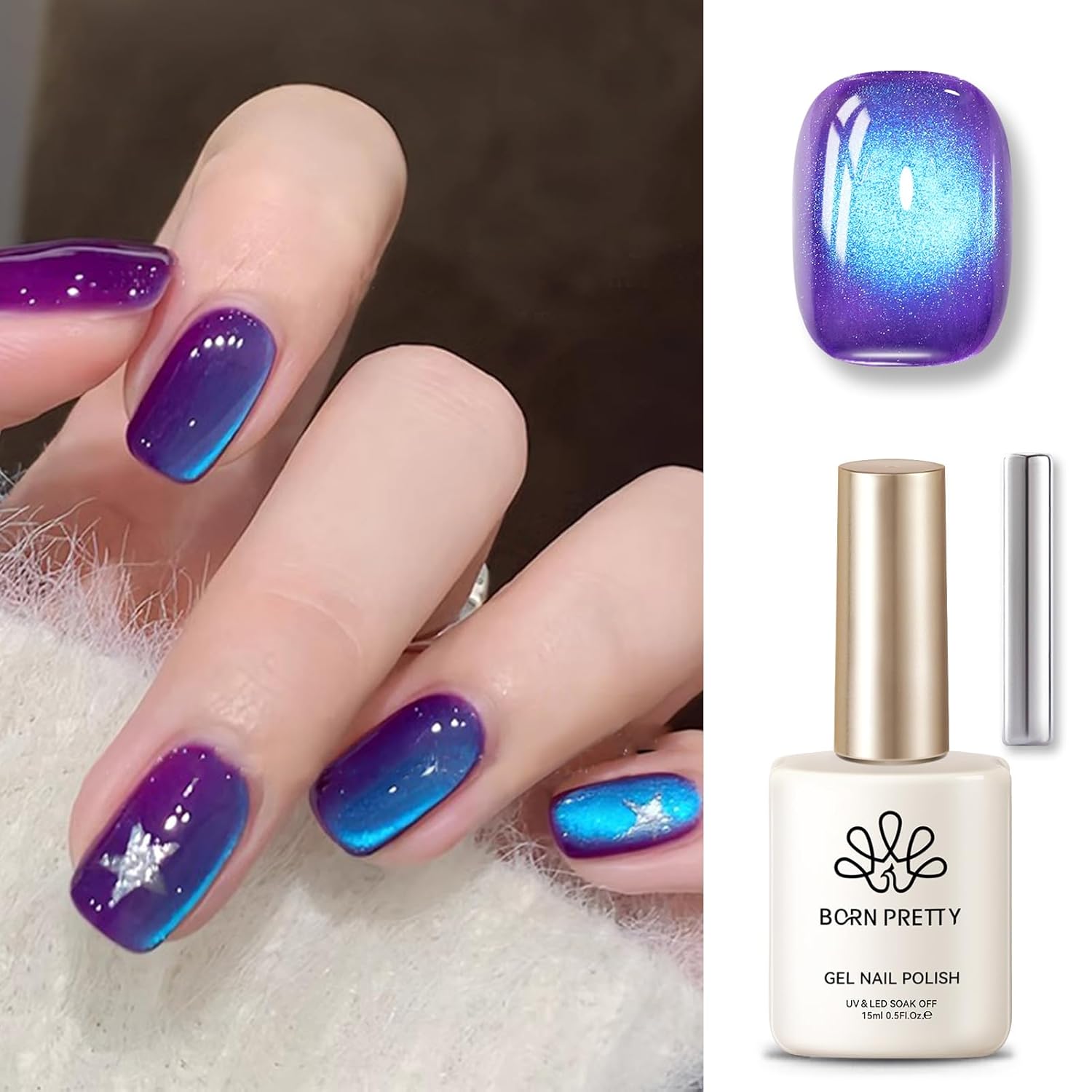 BORN PRETTY Cat Magnetic Eye Gel Nail Polish,Indigo To Violet Gradient Magnetic Gel Polish Blueberry Cat Magnetic Eye Gel Manicure Nail Art DIY 15ml-BrightBean Baby