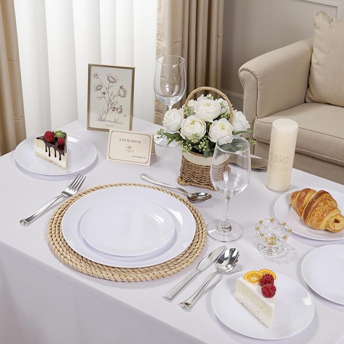 bUCLA 100PCS White Plastic Plates - Heavy Duty White Disposable for Wedding & Party, Include 50 Dinner 10 inch & 50 Dessert 7 inch