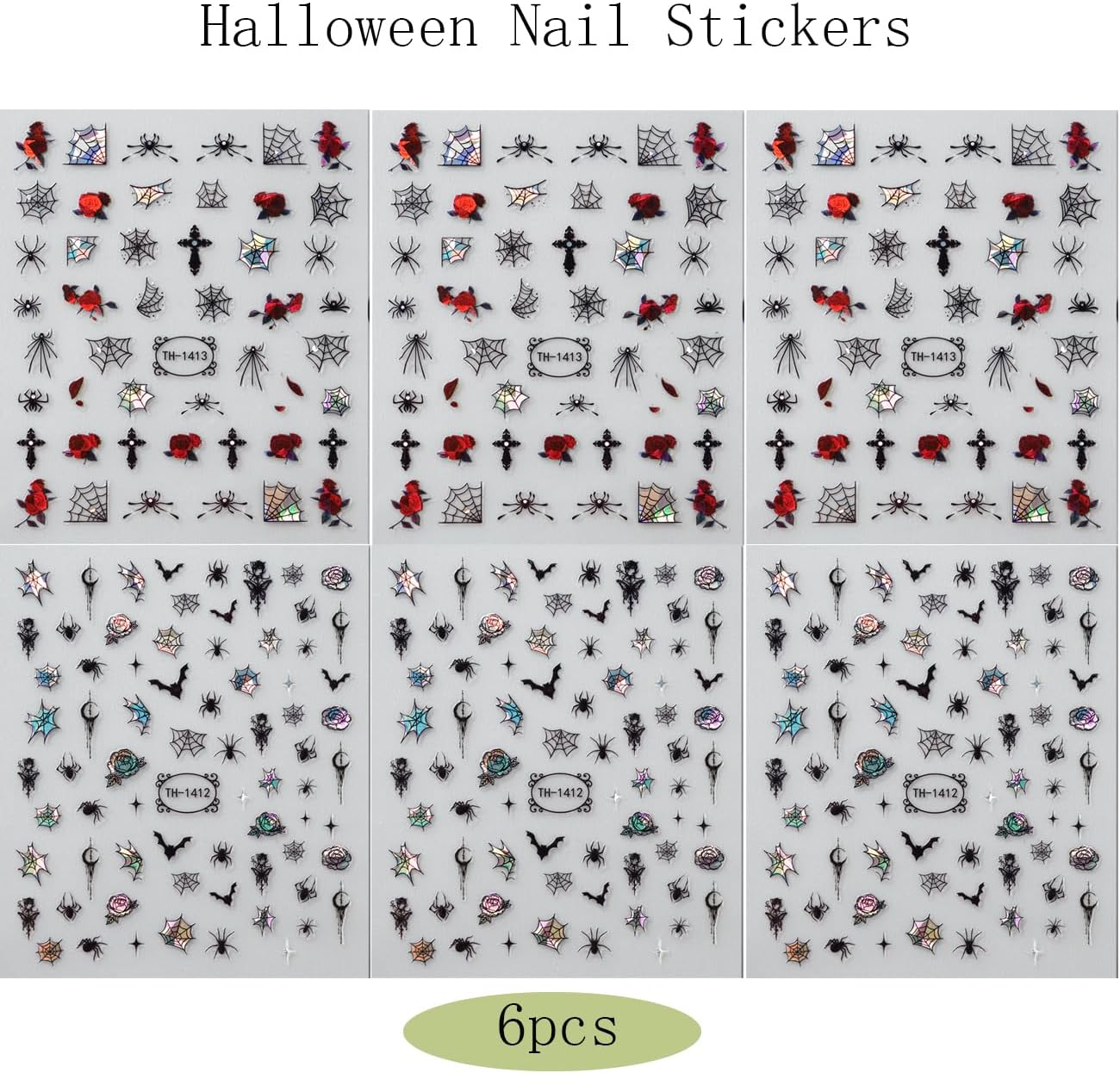 6 Sheets Halloween Nail Stickers Decals, 3D Spider Nail Sticker Decoration Self-Adhesive Colorful Red Rose Flowers Spider Web for Nails Stickers DIY Manicure Art Halloween Decoration-BrightBean Baby