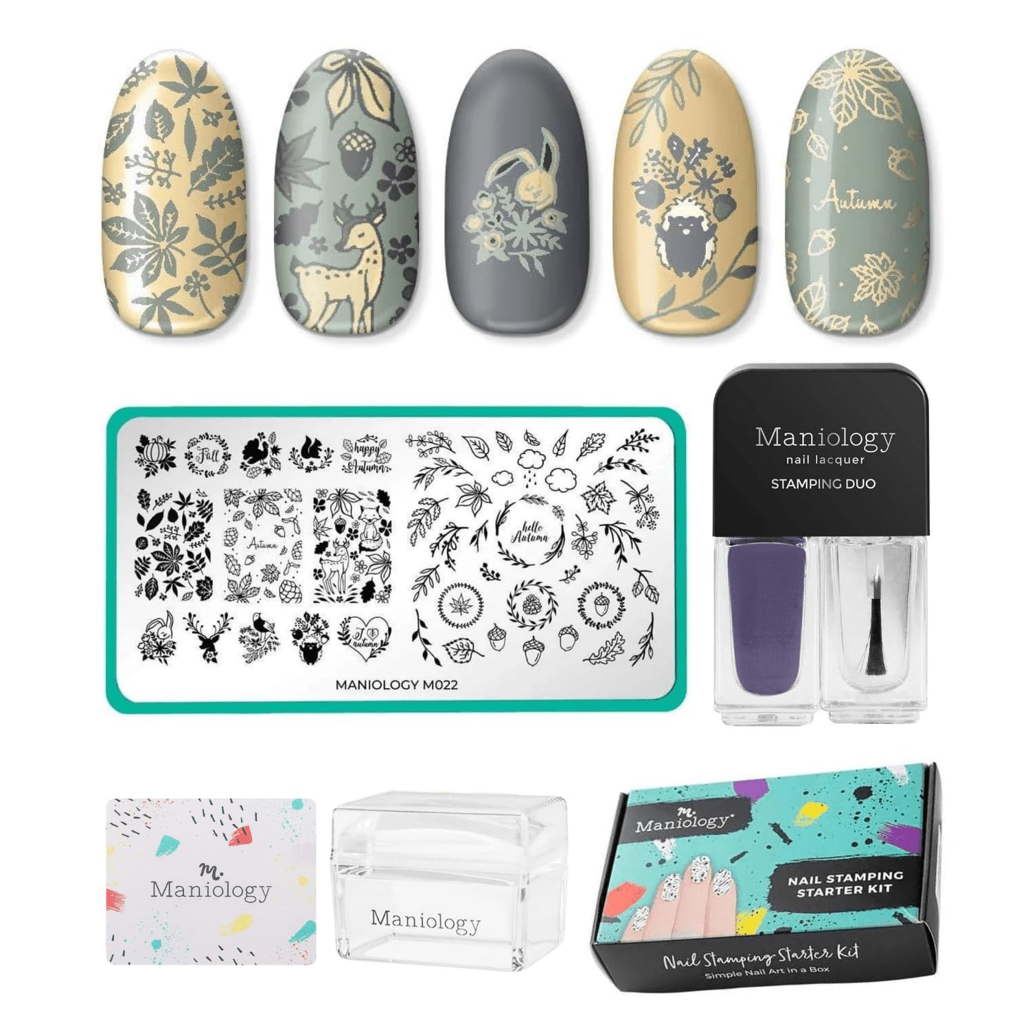 Maniology Friendly Forest Nail Stamping Starter Kit | Autumn Designs with Woodland Creatures, Fall Leaves & Cozy Seasonal DIY Manicures – with Stamping Plate, Polish, Top Coat, Stamper & Scraper Card-BrightBean Baby
