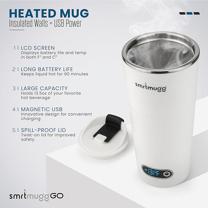 GO Heated Coffee Mug, Travel Mug, 13.5 OZ. Smart Mug, Battery Powered Heated Coffee Mug, Great for Coffee and Tea, Snap on Magnetic Charging Cord, New and Improved (White)