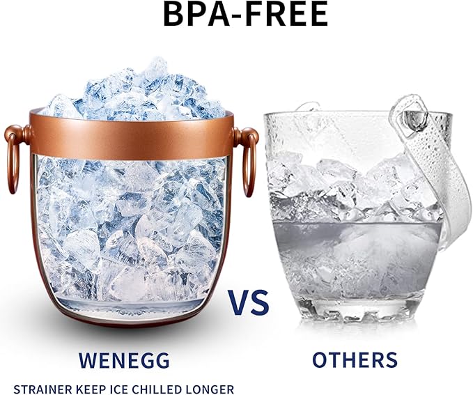 Ice Bucket with Lid, Scoop, Tongs and Strainer - Well Made Insulated Stainless Steel Keep Ice Frozen Longer - Ideal for Cocktail Bar, Parties, Chilling Wine, Champagne - 3 Liter (Copper)