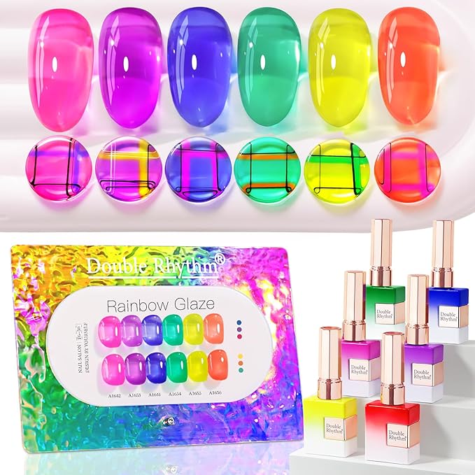 Double Rhythm 6 Pcs 15 ML Gel Polish Set Same Color Same Bottle Soak Off Jelly Neon Gel Polish Kit Nail Art Manicure Salon DIY at Home (Pink Purple Blue Green Yellow Green-T6-50)-BrightBean Baby