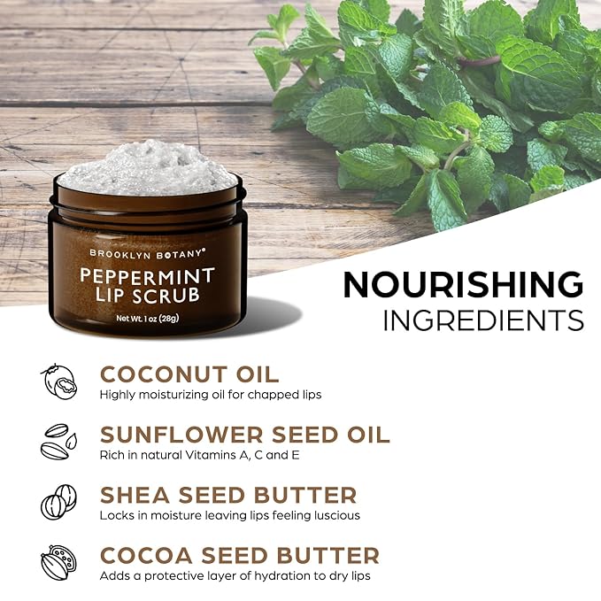 Brooklyn Botany Lip Scrub Exfoliator 1 oz – Lip Moisturizer for Dry Lips and Chapped Lips – Gentle Lip Exfoliator for Smooth and Brighter Lips – Peppermint Flavor-BrightBean Baby