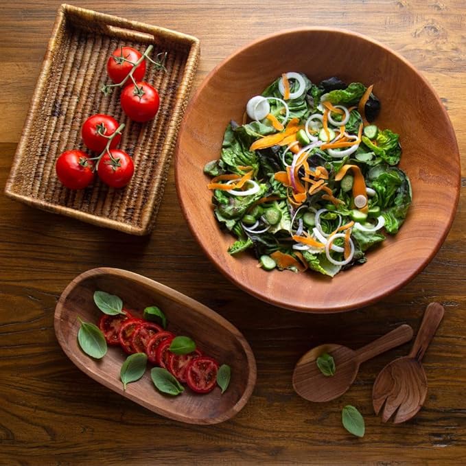 Dining & Entertaining, Wood Bowl, Serve Salad or Pasta, Countertop Fruit Bowl, Family Dinner, Party, Holidays, Thaksgiving, Handcarved, Rustic, Mahogany, Varies Beige to Brown, Oversized 20" Wide