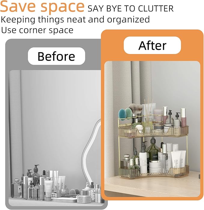 Corner Bathroom Counter Organizer with Top Toothbrush Holders, 2-Tier Make Up Organizers for Vanity with Brush Holder, Corner Storage for Bathroom, Kitchen, Dresser-BrightBean Baby