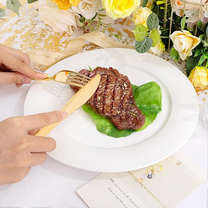 300 Pieces Gold Plastic Silverware - Heavy Duty Disposable Cutlery Set - Gold Disposable Utensils Include 150 Forks, 75 Spoons, 75 Knives for Dinner, Parties, Weddings