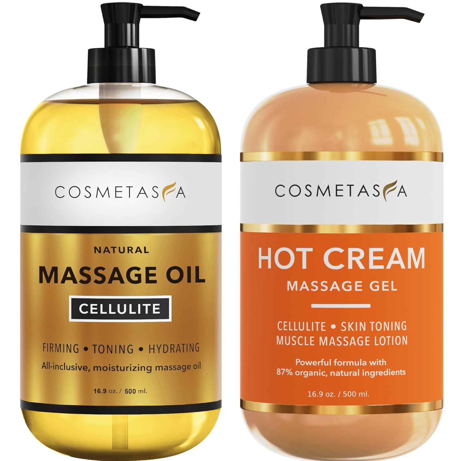 Cellulite Massage Oil & Hot Cream - 100% Natural Cellulite Oil & Gel, Highly Absorbable, Firm, Tone, Tighten & Moisturize Skin - Soothes Muscles (16.9 Fl Oz Each Bottle)-BrightBean Baby