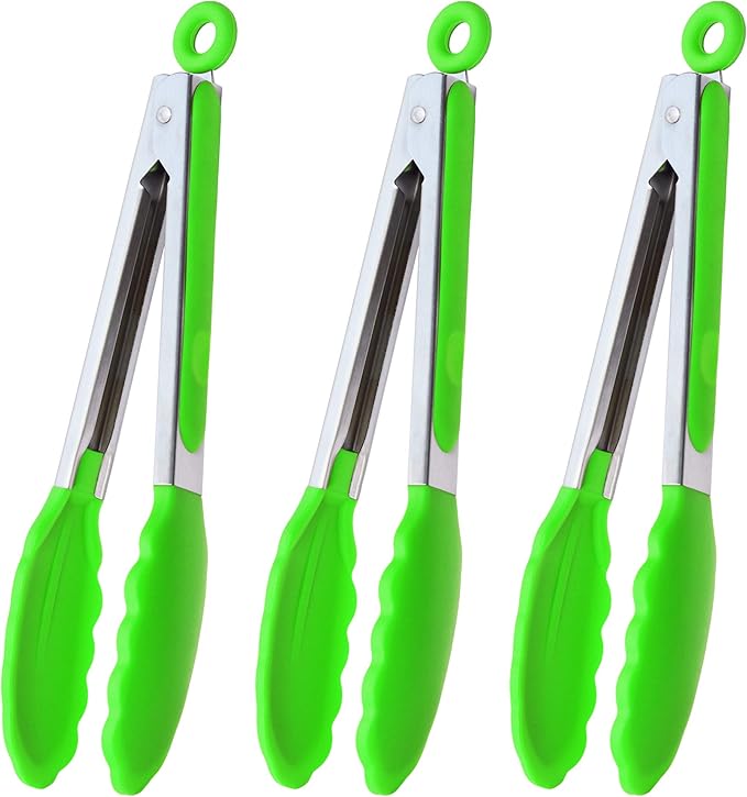 Silicone Tongs 9-Inch Stainless Steel Locking Kitchen Tongs, Set of 3 (Green)