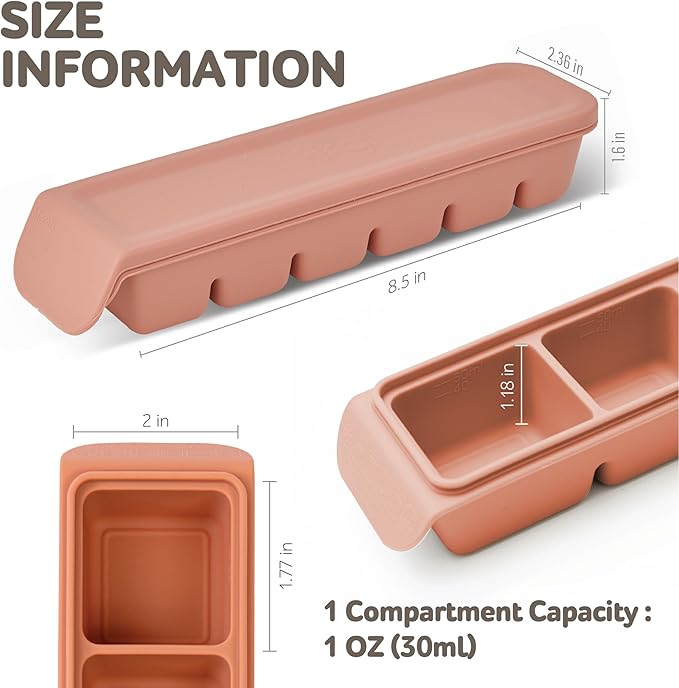 Silicone Freezer Trays with Lid,2ea 1oz 6 Section-Leak Proof Silicone Freezer molds for Homemade Baby Food Breastmilk, Purees, Vegetables, Fruit, Baby Food Jars Ice Tray with Lid BPA Free Beige