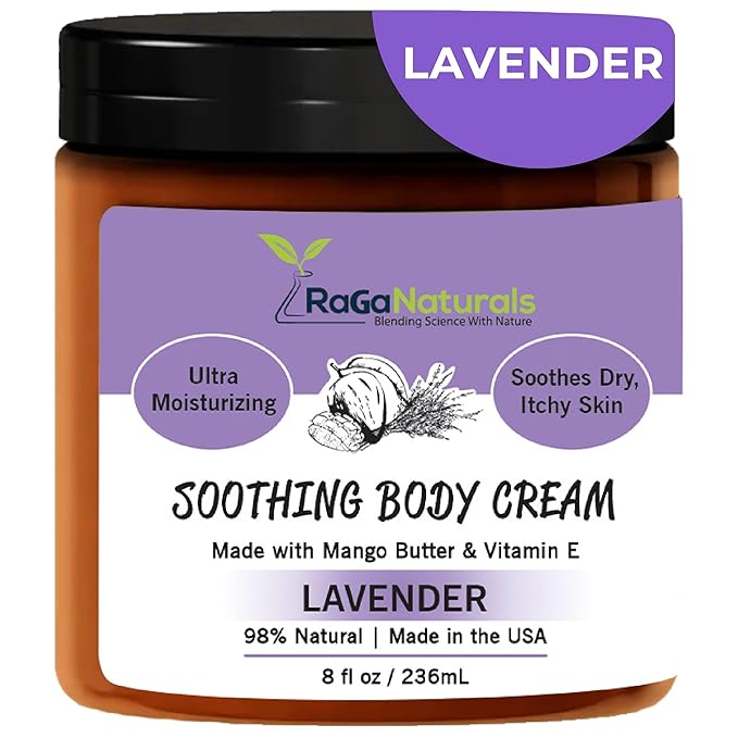 RaGaNaturals Natural Face and Body Butter Cream for Dry Skin - Calming, Nourishing & Hydrating Lavender Body Cream for Women, Men & Kids - Softens Skin and Delivers Healthy-Looking Glow - Vegan - 8 Oz-BrightBean Baby