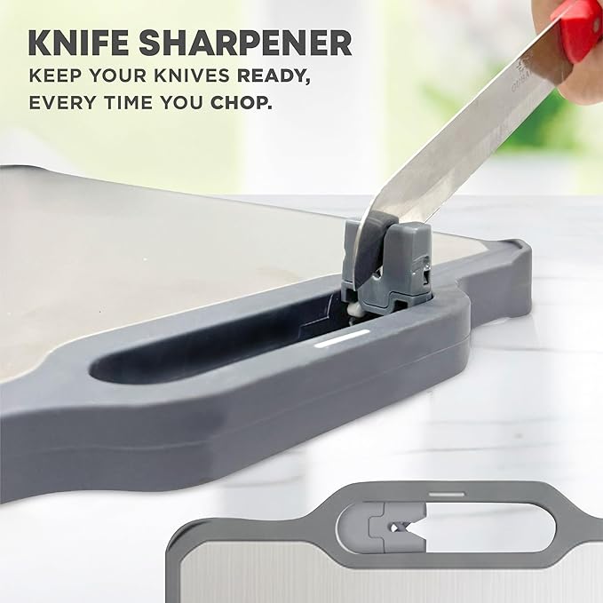 Double-Sided Cutting Board with Stand, Knife Sharpener & Grater | Non-Toxic Titanium + Wheatstraw PP Chopping Board | Healthy Choice Kitchen Accessory for Meat, Vegetables & Fruit