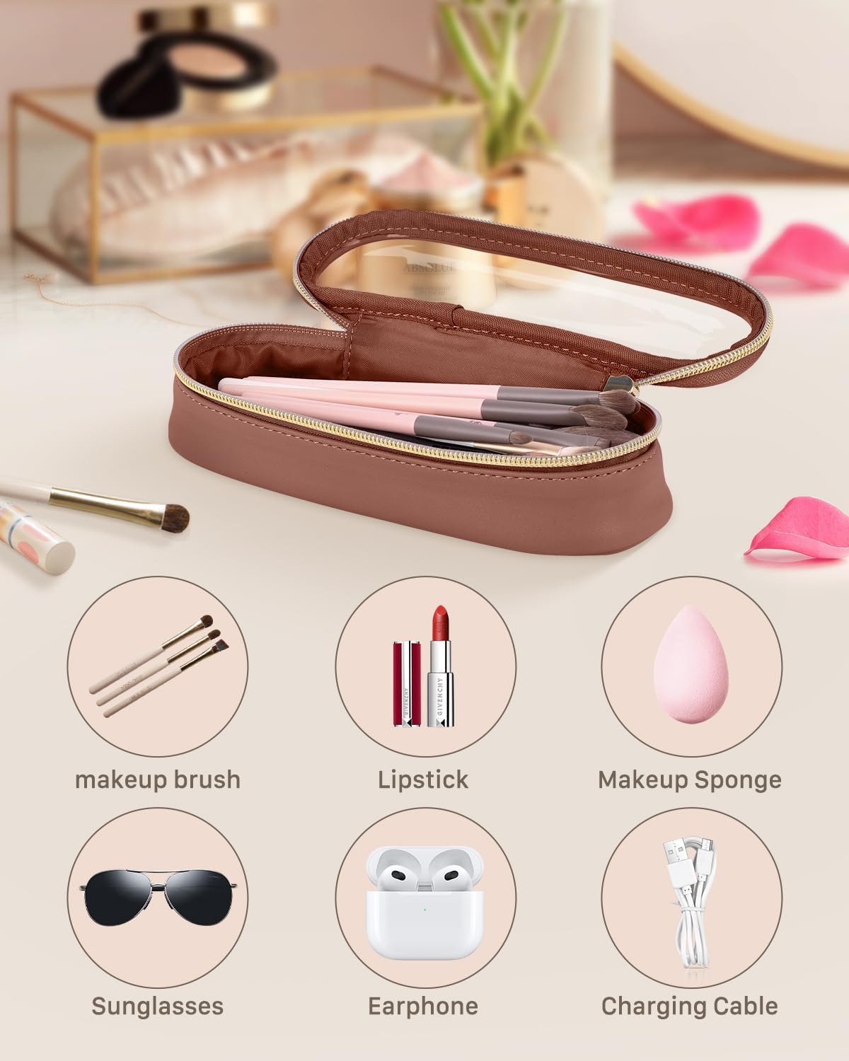 Clear Travel Makeup Brush Holder, Leather Makeup Brush Toiletry Bag, Portable Cosmetic Brush Case, Transparent Waterproof Makeup Brush Storage Bag, Brown-BrightBean Baby