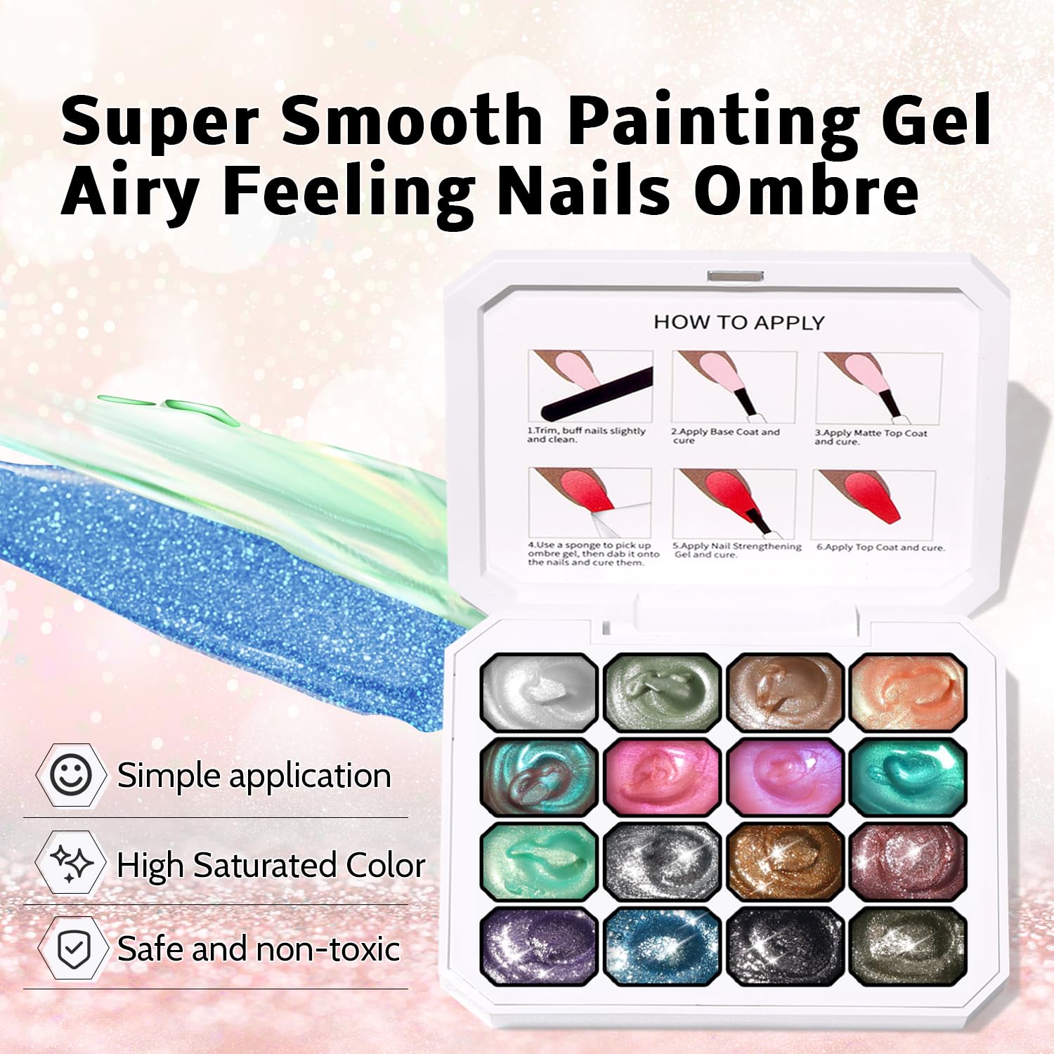 Sponge Pat Paint Nail Gel, Ombre Nails Gradient Gel Nail Blush Blooming Aura Nails Drawing Stripper Floral Painting DIY Nail Art, No Wipe, UV/LED Curing (16 Colors E)-BrightBean Baby