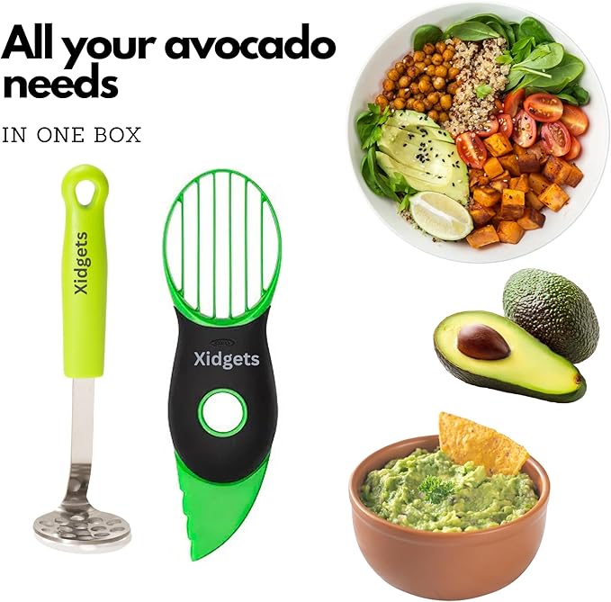 2pc Avocado Tool Set in Box - 3-in-1 Avocado Slicer with Cutter & Pit Remover + Mini Masher - Kitchen Utensil Gift Set for Guacamole Lovers by Xidgets (Zippy Green/Zippy Green)