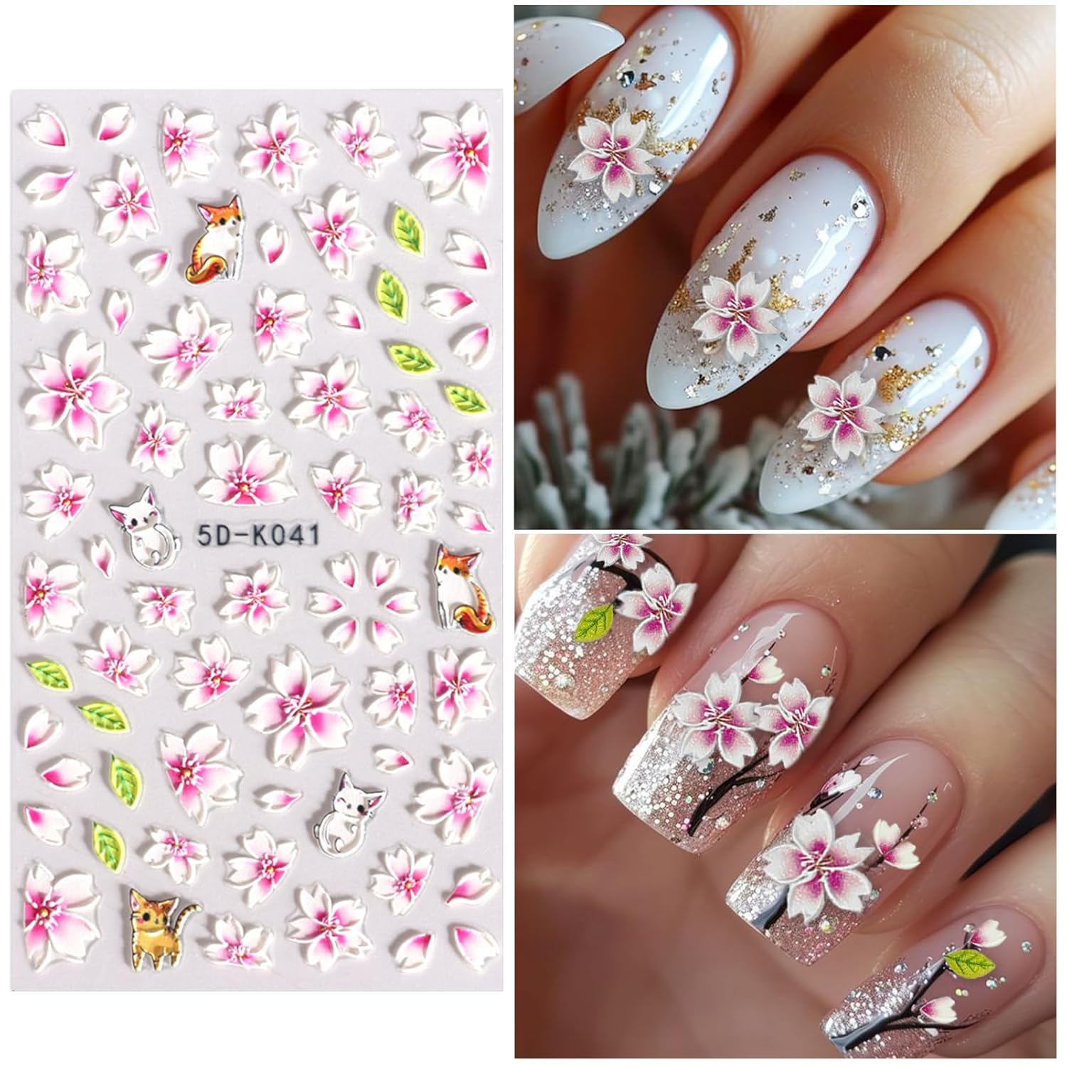 Pink Flower Nail Art Stickers Decals 5D Embossed Nail Decals Spring Summer Nails Art Design Self-Adhesive Supplies Accessories 3D Flower Stickers for Women Nails DIY Decoration-BrightBean Baby