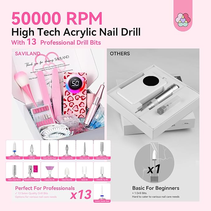SAVILAND Electric Nail Drill Professional: 50000 RPM Electric Nail File Rechargeable Cordless Nail Drill Kit with Ceramic Drill Bits for Quick Acrylic Nail Removal Ambient Light Leopard Heart Print-BrightBean Baby