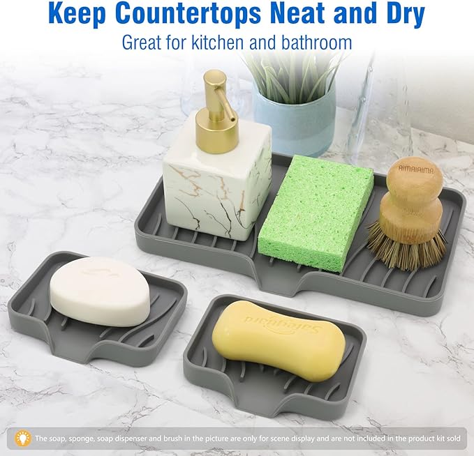3-Pack Silicone Soap Dish, Sponge Holder for Sink, Kitchen Soap Tray, Bathroom Soap Holder, Sponge Tray with Drain (Grey)-BrightBean Baby