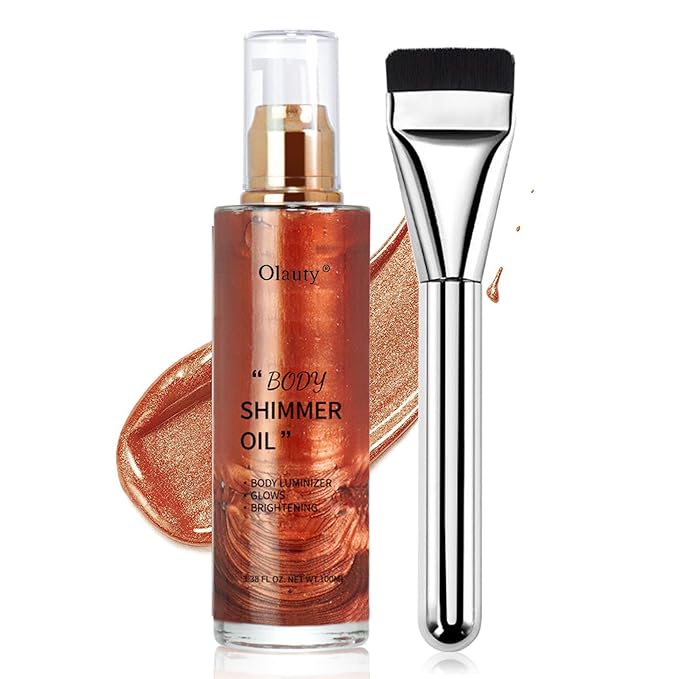 Shimmer Body Oil-Golden Brown Face Brighten Pearl Highlighter Liquid Illuminator Body Glow Oil,4 Color Bronze Makeup Glitter Body Shimmer Oil with Makeup Brush-BrightBean Baby