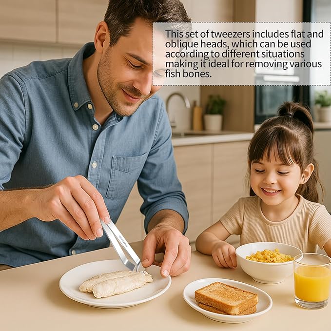 4 PCS Fish Bone Tweezers,430 Stainless Steel Flat & Slant Pliers Set for Kitchen Removing Salmon Trout Bones,Chicken Feathers