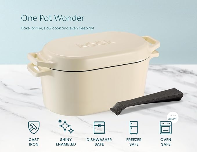 KooK Dutch Oven 3.4 Qt Ivory - Cast Iron for Bread Baking