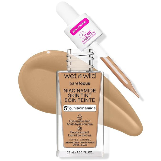wet n wild Bare Focus Skin Tint, 5% Niacinamide Enriched, Buildable Sheer Lightweight Coverage, Natural Radiant Finish, Hyaluronic & Vitamin Hydration Boost, Cruelty-Free & Vegan - Toffee-BrightBean Baby