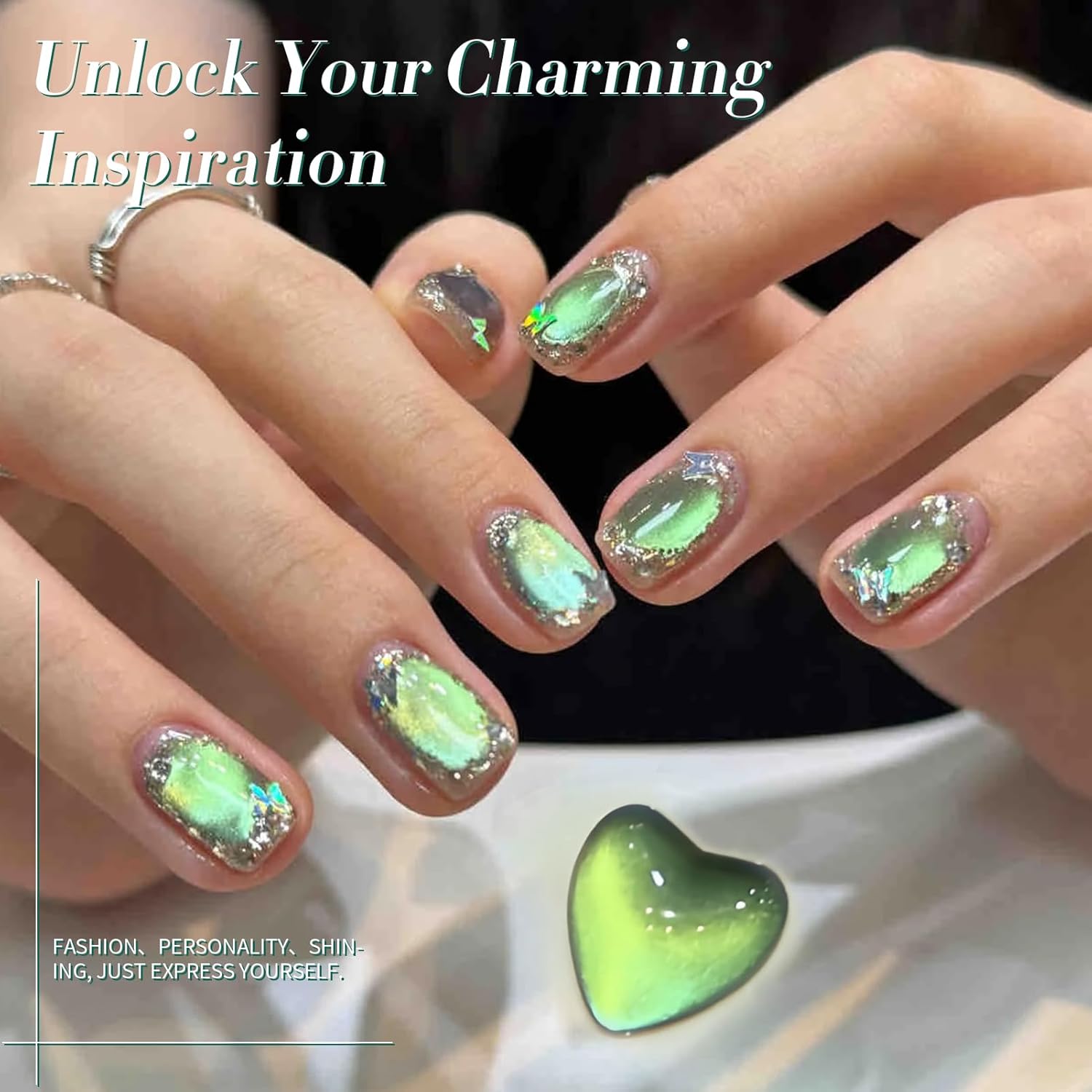 Born Pretty Cat Magnetic Gel Nail Polish, Green Gel Polish Crystal Cat Holographic Magnetic Nail Polish Nail Art Manicure Salon DIY at Home 15ML-BrightBean Baby