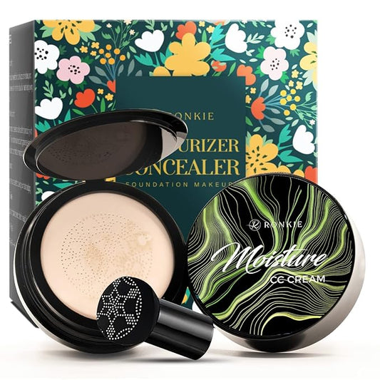 Mushroom Head Foundation, Moisturizing Concealer, Bright Makeup Base Long Lasting with Mushroom Makeup Sponge, Mirror inside，Easy to Apply, black-BrightBean Baby