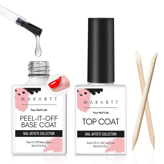 Makartt 15ml No Wipe Gel Top Coat and Peel Off Base Coat Set - 2Pcs Shine Finish Long Lasting No Filing Soak Off Clear Top Base Gel, UV LED Nail Lamp Required, for Women Nail Art DIY-BrightBean Baby