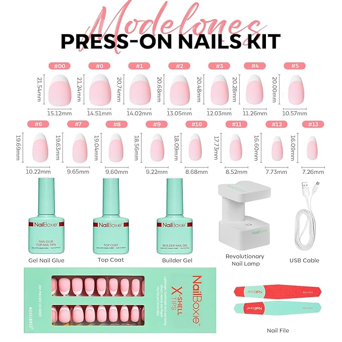 Modelones Gel Nail Kit, Press On Nails Kit with LED Light, 150 PCS Short Pink Almond, 15 Sizes French Tip Press on Nails, NailBoxie Pre-Colored Nail Tips for Easy DIY Nail Art-BrightBean Baby