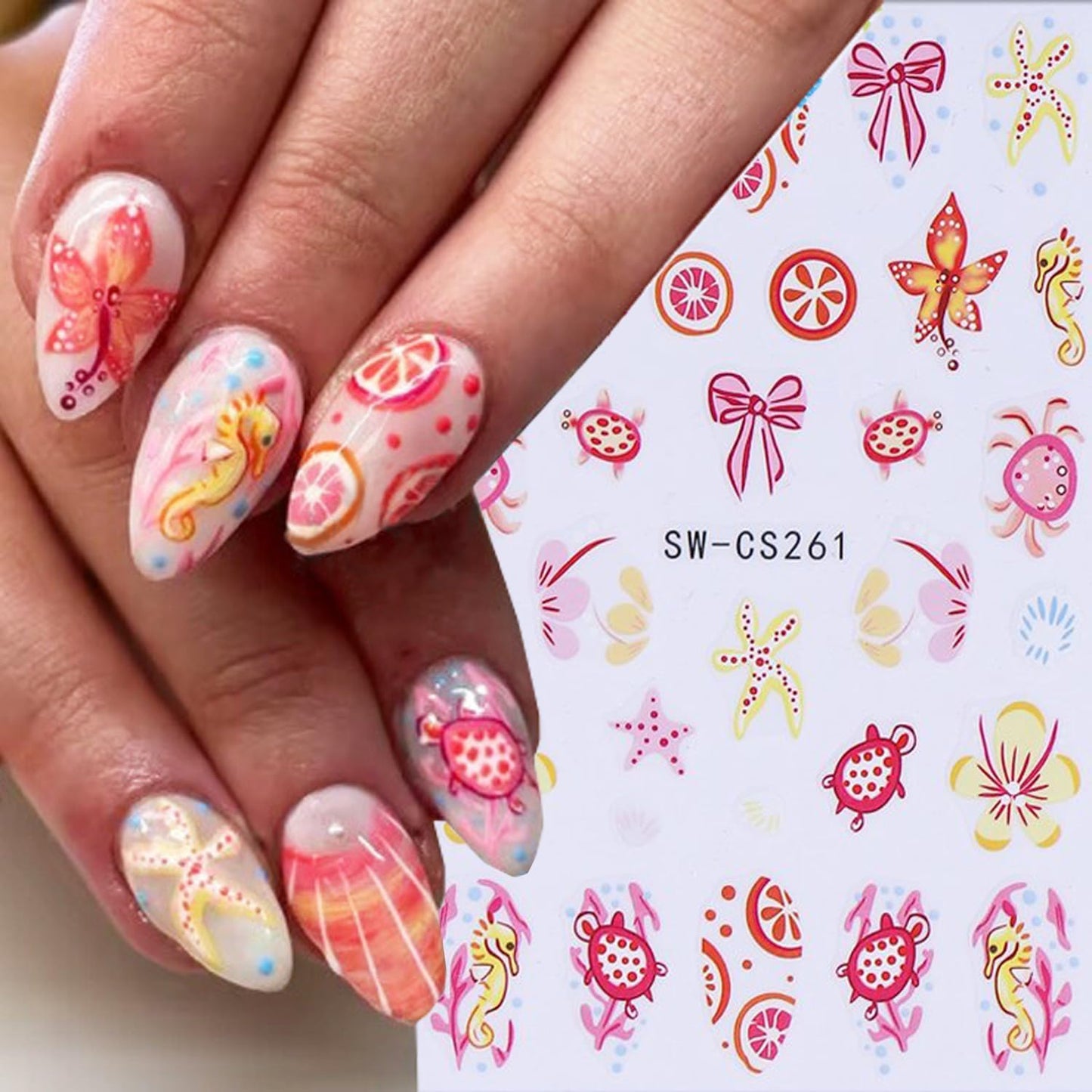6 Sheets Marine Life Nail Art Stickers 3D Self-Adhesive Starfish Turtle Nails Sticker Flower Nail Art Decals Holographic Bow Nails Decal Decoration for Women Floral Manicure DIY Nail Supplies-BrightBean Baby