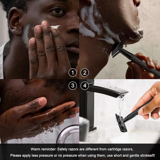 Double Edge Safety Razor with Stand, Single Blade Razors for Men and Women, Reusable Metal Razor, with 10 Stainless Steel Double Edge Blades, Smooth and Close Shave, Plastic Free, Matte Black-BrightBean Baby