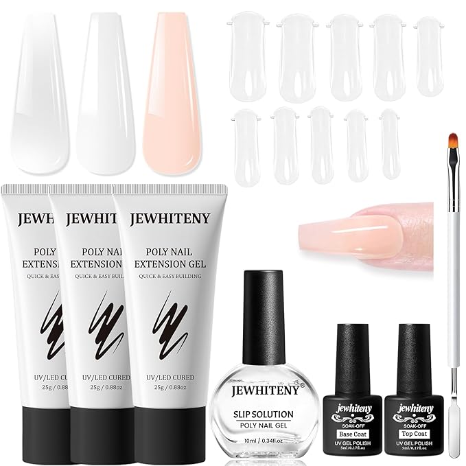 JEWHITENY Poly Extension Gel Nail Set Clear White Pink Poly Nail Gel With Slip Solution Base Coat Top Coat French Manicure for Finger Art and Home DIY Need U V Lamp Curing-BrightBean Baby
