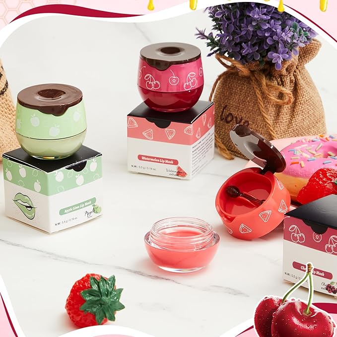 12 Pcs Bee Lip Balm Honey Pot with Brush Propolis Lip Mask Overnight, Moisturizing Hydrating Lip Sleeping Mask Prevention Dry and Cracked(Honey+Strawberry+Watermelon+Apple Lime+Cherry)-BrightBean Baby