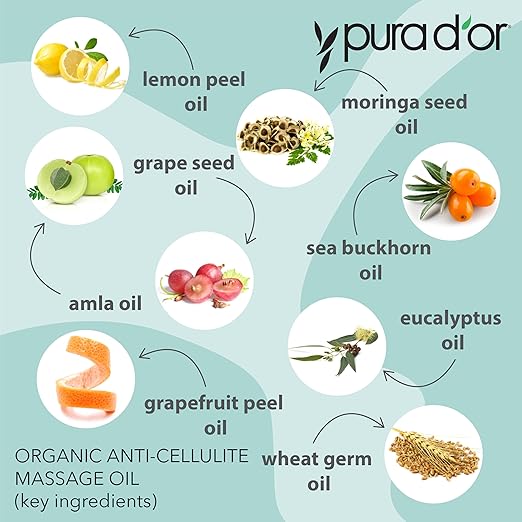 PURA D'OR 16 Oz Organic Anti-Cellulite Massage Oil - Lemon Peel, Moringa, Grape Seed, Grapefruit & Eucalyptus Oils - Skin Firming & Tightening for Active Individuals & Aging Adults-BrightBean Baby